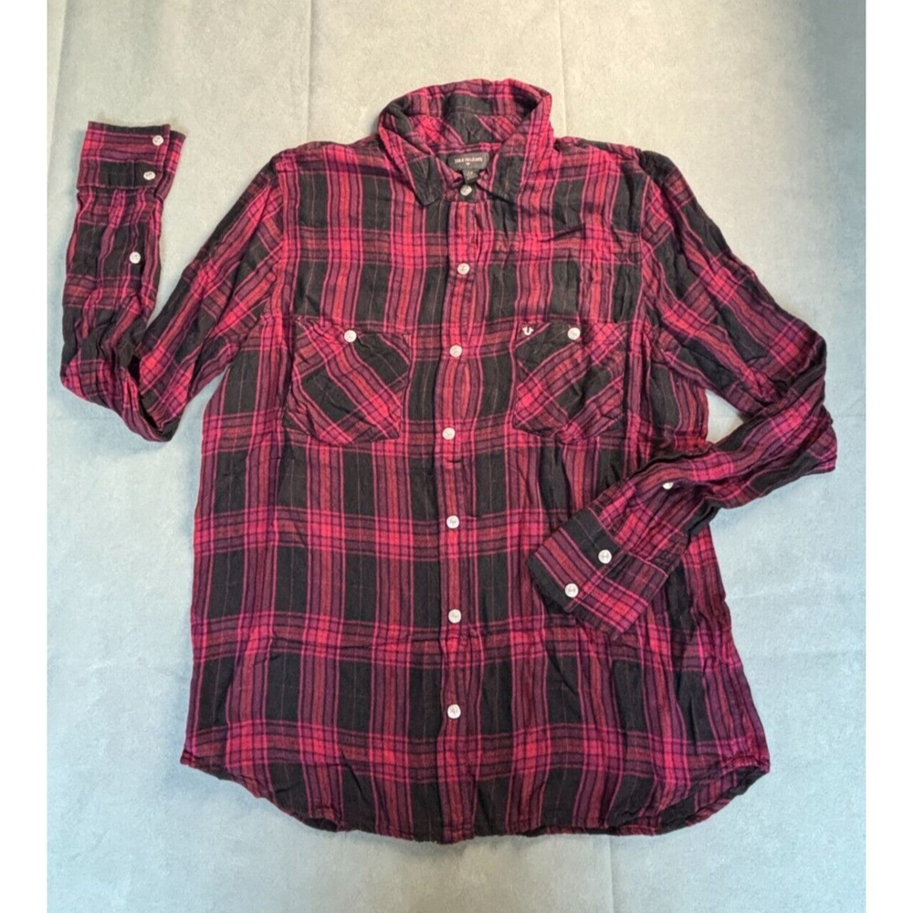 True Religion Western Shirt Adult L Red/Black Buffalo Plaid L/S Button Up